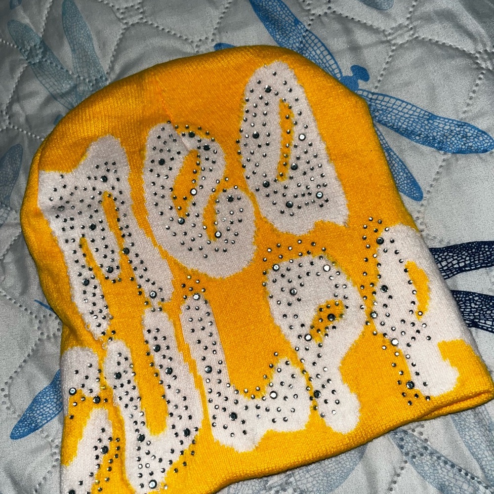 Y2K Yellow and White Mea CulpaBeanie with Rhinestones